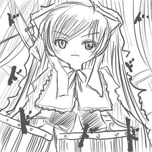 Rating: Safe Score: 0 Tags: 1girl bamboo_forest blush dress frills greyscale image long_hair long_sleeves monochrome mouth_hold solo suiseiseki upper_body User: admin