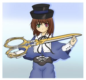 Rating: Safe Score: 0 Tags: 1girl blue_dress brown_hair dress green_eyes hat heterochromia holding image long_sleeves looking_at_viewer red_eyes solo souseiseki top_hat User: admin