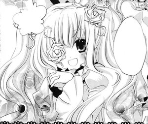 Rating: Safe Score: 0 Tags: 1girl :d blush dress eyepatch flower frills greyscale hair_ornament image kirakishou lineart long_hair long_sleeves monochrome open_mouth rose smile solo traditional_media upper_body User: admin