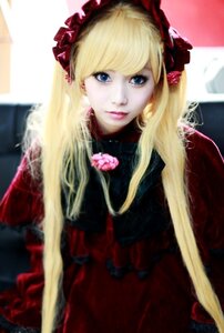 Rating: Safe Score: 0 Tags: 1girl bangs blonde_hair blue_eyes blurry blurry_background depth_of_field dress flower lips lolita_fashion long_hair looking_at_viewer photo red_dress rose shinku solo twintails User: admin