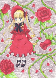 Rating: Safe Score: 0 Tags: 1girl blonde_hair blue_eyes blush bonnet bow bowtie capelet dress flower green_bow heart image long_hair mary_janes petals red_capelet red_dress red_flower red_rose rose shinku shoes solo traditional_media twintails watercolor_(medium) User: admin