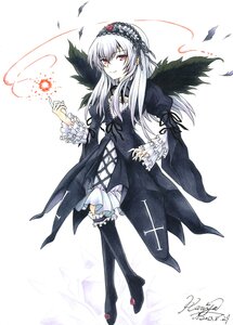 Rating: Safe Score: 0 Tags: 1girl black_dress black_legwear black_wings dress feathers flower frilled_sleeves frills hairband image long_hair long_sleeves looking_at_viewer red_eyes ribbon signature silver_hair solo suigintou thighhighs wings User: admin