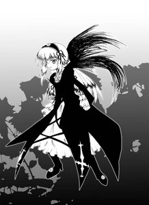 Rating: Safe Score: 0 Tags: 1girl black_wings boots dress frills full_body greyscale hairband image long_hair long_sleeves looking_at_viewer monochrome solo standing suigintou wings User: admin