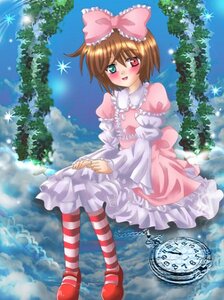 Rating: Safe Score: 0 Tags: 1girl blush bow brown_hair day dress frills hair_bow heterochromia image outdoors pantyhose pink_bow plant red_eyes short_hair sky solo souseiseki striped striped_legwear tree User: admin