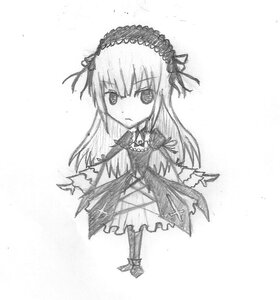 Rating: Safe Score: 0 Tags: 1girl dress flower frills full_body greyscale hairband image lolita_hairband long_hair long_sleeves looking_at_viewer monochrome rose simple_background solo standing suigintou traditional_media white_background wings User: admin