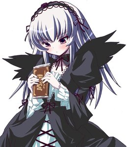 Rating: Safe Score: 0 Tags: 1girl black_wings blush book cross-laced_clothes detached_collar dress frilled_sleeves frills hairband holding holding_book image juliet_sleeves lolita_hairband long_hair long_sleeves pink_eyes puffy_sleeves ribbon silver_hair simple_background solo suigintou white_background wings User: admin