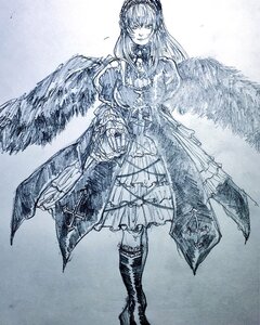 Rating: Safe Score: 0 Tags: 1girl blue_theme boots dress feathered_wings frills full_body image long_hair long_sleeves looking_at_viewer monochrome smile solo standing suigintou traditional_media wings User: admin