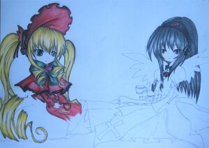 Rating: Safe Score: 0 Tags: 2girls black_wings blonde_hair blue_background bonnet bow dress image long_hair long_sleeves looking_at_viewer multiple_girls pair red_dress shinku standing suigintou twintails very_long_hair wings User: admin