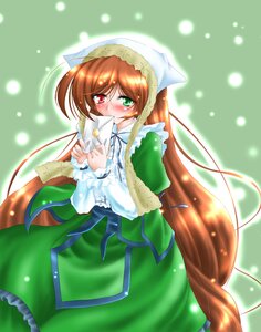 Rating: Safe Score: 0 Tags: 1girl blush brown_hair dress frills green_background green_dress green_eyes hat head_scarf heterochromia image long_hair long_sleeves looking_at_viewer red_eyes solo suiseiseki very_long_hair User: admin