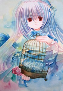 Rating: Safe Score: 0 Tags: 1girl bangs blue_rose dress eyebrows_visible_through_hair flower hairband image long_hair long_sleeves looking_at_viewer red_eyes ribbon rose solo suigintou traditional_media upper_body very_long_hair User: admin