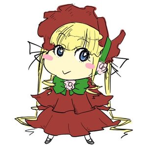 Rating: Safe Score: 0 Tags: 1girl bangs blonde_hair blue_eyes blush_stickers bonnet bow bowtie dress full_body hat heart image long_hair long_sleeves looking_at_viewer shinku shoes solo standing white_background User: admin