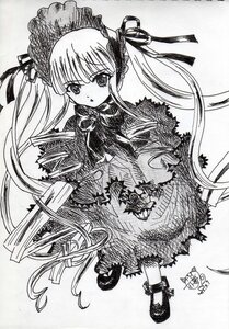 Rating: Safe Score: 0 Tags: 1girl blush capelet dress eyebrows_visible_through_hair greyscale image lolita_fashion long_hair looking_at_viewer monochrome ribbon shinku solo traditional_media twintails very_long_hair User: admin