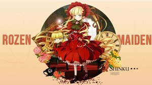 Rating: Safe Score: 0 Tags: 1girl blonde_hair blue_eyes bonnet bow bowtie copyright_name dress flower green_bow image long_hair long_sleeves looking_at_viewer red_dress rose shinku shoes solo standing twintails User: admin
