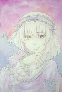 Rating: Safe Score: 0 Tags: 1girl bangs closed_mouth dress eyebrows_visible_through_hair frills hairband hand_on_own_chest image juliet_sleeves long_sleeves looking_at_viewer puffy_sleeves short_hair smile solo suigintou traditional_media upper_body User: admin
