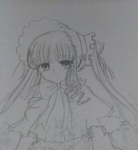 Rating: Safe Score: 0 Tags: 1girl bonnet bow bowtie dress drill_hair greyscale image long_hair long_sleeves looking_at_viewer monochrome shinku simple_background solo traditional_media twin_drills upper_body white_background User: admin