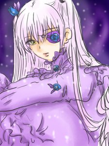 Rating: Safe Score: 0 Tags: 1girl barasuishou blue_eyes breasts dress eyepatch flower frills image long_hair purple_theme rose solo upper_body User: admin