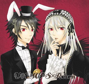 Rating: Safe Score: 0 Tags: 1boy 1girl animal_ears black_hair bowtie bunny_ears dress frills hairband hat image long_hair long_sleeves looking_at_viewer puffy_sleeves red_eyes silver_hair solo suigintou top_hat white_hair wings User: admin