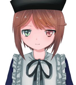 Rating: Safe Score: 0 Tags: 1girl apron bangs black_headwear black_ribbon blush brown_eyes brown_hair closed_mouth eyebrows_visible_through_hair frills hat image looking_at_viewer ribbon short_hair simple_background solo souseiseki striped upper_body white_background User: admin