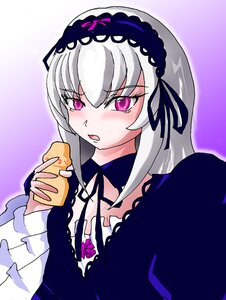 Rating: Safe Score: 0 Tags: 1girl blush dress eating flower food frills hairband holding image lolita_hairband long_hair long_sleeves looking_at_viewer open_mouth outline pink_eyes purple_background rose silver_hair solo suigintou upper_body wings User: admin