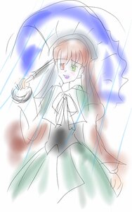 Rating: Safe Score: 0 Tags: 1girl :d dress green_eyes holding holding_umbrella image long_hair long_sleeves open_mouth rain simple_background smile solo suiseiseki umbrella white_background User: admin