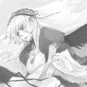 Rating: Safe Score: 0 Tags: 1girl blurry breasts depth_of_field dress flower frills greyscale hairband image lolita_hairband long_hair long_sleeves looking_at_viewer monochrome solo suigintou wings User: admin