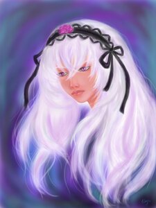 Rating: Safe Score: 0 Tags: 1girl bangs black_ribbon flower hairband image lips long_hair looking_at_viewer purple_eyes realistic ribbon signature silver_hair solo suigintou User: admin