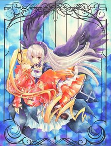 Rating: Safe Score: 0 Tags: 2girls black_wings blonde_hair closed_eyes dress flower frills hairband image long_hair long_sleeves multiple_girls pair ribbon shinku siblings sisters suigintou traditional_media very_long_hair watercolor_(medium) wings User: admin