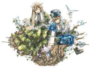 Rating: Safe Score: 0 Tags: 1boy 1girl bird brown_hair bug butterfly closed_eyes dress flower frills hat image insect long_sleeves pair siblings sitting smile souseiseki suiseiseki top_hat twins User: admin