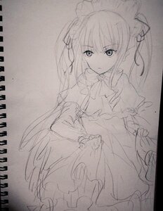 Rating: Safe Score: 0 Tags: 1girl bow dress expressionless image long_hair long_sleeves looking_at_viewer monochrome shinku sketch solo traditional_media User: admin