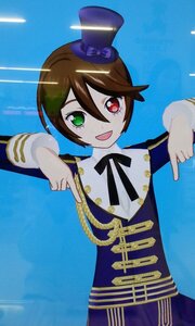 Rating: Safe Score: 0 Tags: :d brown_hair green_eyes hat heterochromia image index_finger_raised long_sleeves looking_at_viewer mini_hat mini_top_hat open_mouth pointing red_eyes sky smile solo souseiseki top_hat User: admin