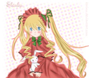 Rating: Safe Score: 0 Tags: 1girl blonde_hair blue_eyes blush bow bowtie capelet dress green_bow green_neckwear halftone halftone_background image long_hair long_sleeves looking_at_viewer polka_dot polka_dot_background red_capelet red_dress shinku sidelocks solo twintails User: admin