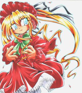 Rating: Safe Score: 0 Tags: 1girl blonde_hair blue_eyes blush_stickers bonnet bow bowtie dress flower green_bow green_neckwear image long_hair long_sleeves looking_at_viewer marker_(medium) petals red_capelet red_dress rose shinku solo traditional_media User: admin