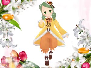 Rating: Safe Score: 0 Tags: 1girl drill_hair flower food fruit full_body green_eyes green_hair image kanaria long_sleeves ribbon shoes solo standing twin_drills white_flower yellow_dress User: admin