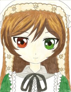 Rating: Safe Score: 0 Tags: 1girl bangs blush brown_hair closed_mouth dress frills green_dress green_eyes image long_hair looking_at_viewer neck_ribbon portrait red_eyes ribbon smile solo suiseiseki traditional_media User: admin