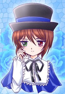 Rating: Safe Score: 0 Tags: 1girl black_ribbon blue_dress blush brown_hair closed_mouth dress frills green_eyes hat heterochromia honeycomb_(pattern) honeycomb_background image long_sleeves looking_at_viewer red_eyes ribbon short_hair smile solo souseiseki upper_body User: admin