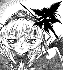 Rating: Safe Score: 0 Tags: 1girl arukime blush commentary_request flower greyscale grin hairband image long_hair monochrome rose rozen_maiden silhouette smile solo suigintou sword weapon User: admin