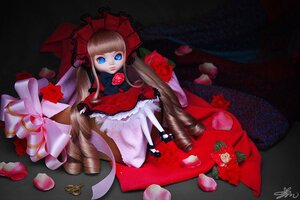 Rating: Safe Score: 0 Tags: 1girl blue_eyes bow doll dress flower lolita_fashion long_hair petals red_flower red_rose rose shinku shoes sitting solo traditional_media very_long_hair User: admin