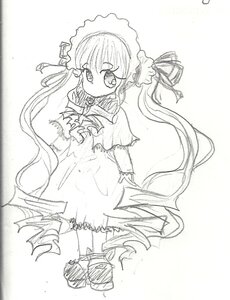 Rating: Safe Score: 0 Tags: 1girl dress frills greyscale hair_ribbon image long_hair long_sleeves looking_at_viewer monochrome photo ribbon shinku solo standing striped traditional_media twintails very_long_hair User: admin