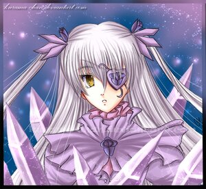 Rating: Safe Score: 0 Tags: 1girl barasuishou capelet dress eyepatch hair_ribbon image long_hair looking_at_viewer parted_lips ribbon silver_hair solo upper_body yellow_eyes User: admin