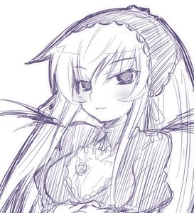 Rating: Safe Score: 0 Tags: 1girl blush breasts cleavage dress eyebrows_visible_through_hair frills hairband image long_hair long_sleeves looking_at_viewer monochrome simple_background sketch smile solo suigintou upper_body white_background User: admin