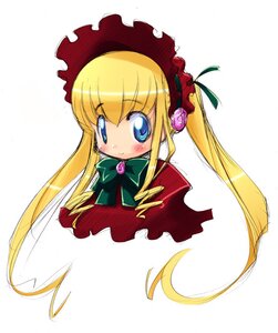 Rating: Safe Score: 0 Tags: 1girl blonde_hair blue_eyes blush bonnet bow bowtie dress flower green_bow image long_hair long_sleeves looking_at_viewer pink_rose red_dress rose shinku simple_background solo twintails very_long_hair white_background User: admin