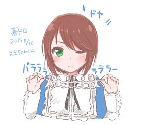 Rating: Safe Score: 0 Tags: 1girl ;) bangs blush brown_hair closed_mouth eyebrows_visible_through_hair frills green_eyes image long_sleeves looking_at_viewer neck_ribbon one_eye_closed short_hair simple_background smile solo souseiseki striped upper_body vertical_stripes white_background User: admin
