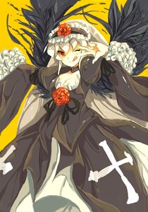 Rating: Safe Score: 0 Tags: 1girl black_dress black_wings choker commentary_request dress flower gothic_lolita hairband image lolita_fashion long_hair long_sleeves looking_at_viewer one_eye_closed red_eyes rose rozen_maiden silver_hair solo suigintou tongue tongue_out umitsuki wings yellow_background User: admin