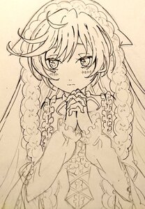 Rating: Safe Score: 0 Tags: 1girl ahoge blush closed_mouth dress frills greyscale hands_clasped hands_together image interlocked_fingers lineart long_hair long_sleeves looking_at_viewer monochrome own_hands_together solo suiseiseki upper_body User: admin