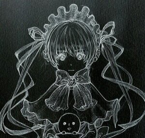 Rating: Safe Score: 0 Tags: 1girl auto_tagged greyscale horror_(theme) image looking_at_viewer monochrome shinku solo traditional_media twintails User: admin