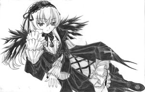 Rating: Safe Score: 3 Tags: 1girl detached_collar dress frilled_sleeves frills greyscale hairband image long_hair long_sleeves looking_at_viewer monochrome ribbon rose solo suigintou traditional_media wings User: admin