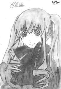 Rating: Safe Score: 0 Tags: 1girl 86800 blush dated flower greyscale hair_ribbon image long_hair looking_at_viewer monochrome ribbon rose shinku sidelocks signature smile solo traditional_media twintails upper_body white_background User: admin