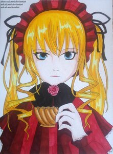 Rating: Safe Score: 0 Tags: 1girl blonde_hair blue_eyes bow drill_hair flower image long_hair looking_at_viewer marker_(medium) red_capelet ringlets rose shinku simple_background solo traditional_media twin_drills twintails upper_body User: admin