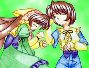 Rating: Safe Score: 0 Tags: 1boy auto_tagged blue_dress brown_hair closed_eyes dress frills green_background image long_sleeves pair short_hair siblings simple_background smile souseiseki suiseiseki yellow_dress User: admin