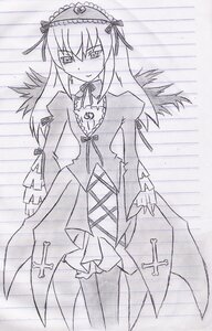 Rating: Safe Score: 0 Tags: 1girl blush detached_collar dress frills greyscale hairband image long_hair long_sleeves looking_at_viewer monochrome solo standing suigintou traditional_media wings User: admin